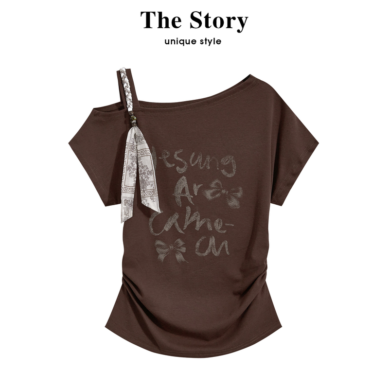 Those Things: Sweet and Spicy Retro Off-Shoulder Printed Short-Sleeve T-Shirt for Women, Summer Design, Slim-Fit Waist-Cinching Short Top