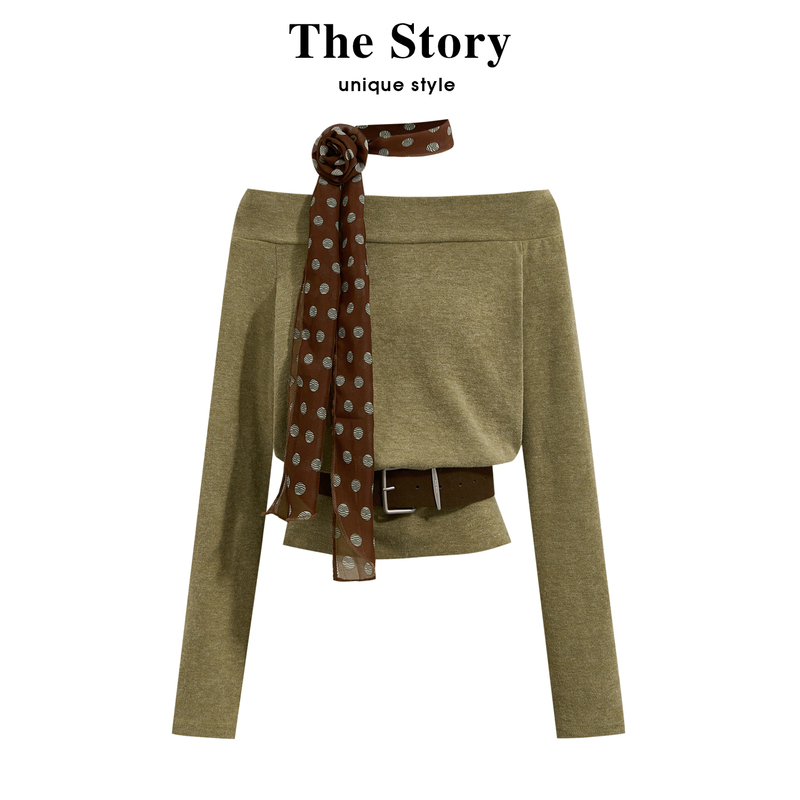 Those Things: French Retro Design Off-Shoulder Long-Sleeve T-Shirt for Women, Early Autumn Loose-Fitting Off-Shoulder Top with Belt Those Things: French Retro Design Off-Shoulder Long-Sleeve T-Shirt for Women, Early Autumn Loose-Fitting Off-Shoulder Top with Belt