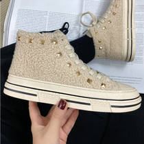 European station 2019 new Korean version plus velvet high top womens shoes casual Joker wool shoes fashion cotton shoes Gaobang board shoes