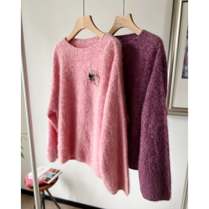 Soft Mist Pink and Lavender Purple Floral Yarn Cashmere Wool Crew Neck Brushed Pullover Wool Sweater for Women, New for Autumn and Winter Soft Mist Pink and Lavender Purple Floral Yarn Cashmere Wool Crew Neck Brushed Pullover Wool Sweater for Women, New for Autumn and Winter