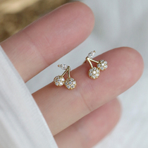 Cute little cherry small ear nail s925 pure silver ear ring full drill ear decorated woman 2021 Spring summer new Chains wind