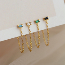 925 Sterling Silver Niche Design 14K Gold Plated Personality Color Square Zircon Temperament Stacked Chain Stud Earrings Women