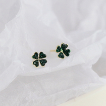 Emerald four-leaf flower stud earrings delicate lady temperament sense of luxury s925 sterling silver earrings atmospheric goddess Fan Mingyuan