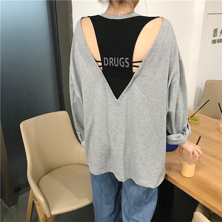 VK旗艦店 韓系顯瘦露背字母印花長袖上衣