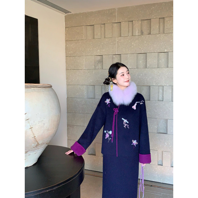 Thecoco 紫纸鸢  刺绣新中式可双面穿外套紫色羊毛双面呢套装女冬