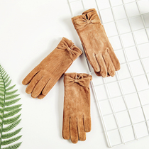 F71 original DAN value recommended Hepburn wind bow embellished leather plus velvet five-finger gloves