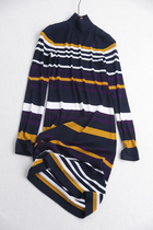 T23 Spains DAN Soft Glutinous Skin-to-skin Color Striped High Collar Wrap Hip Knit Dress