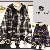 Large E small e Boy clothing 2020 Winter new boy girl Korean version of all-male suede one-piece suede cap plaid shirt jacket 0003