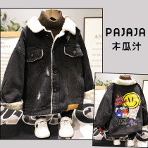 Papaya juice child clothing 2020 fall new plus suede jacket boy girl lamb hair cartoon denim 33186