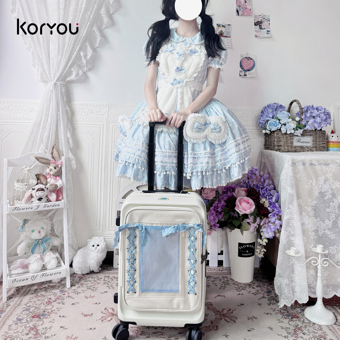 KORYOU Anime-Style Luggage with Ribbon Design, Large Capacity, Unisex Student Travel Suitcase, Cute Carry-on Trolley Case