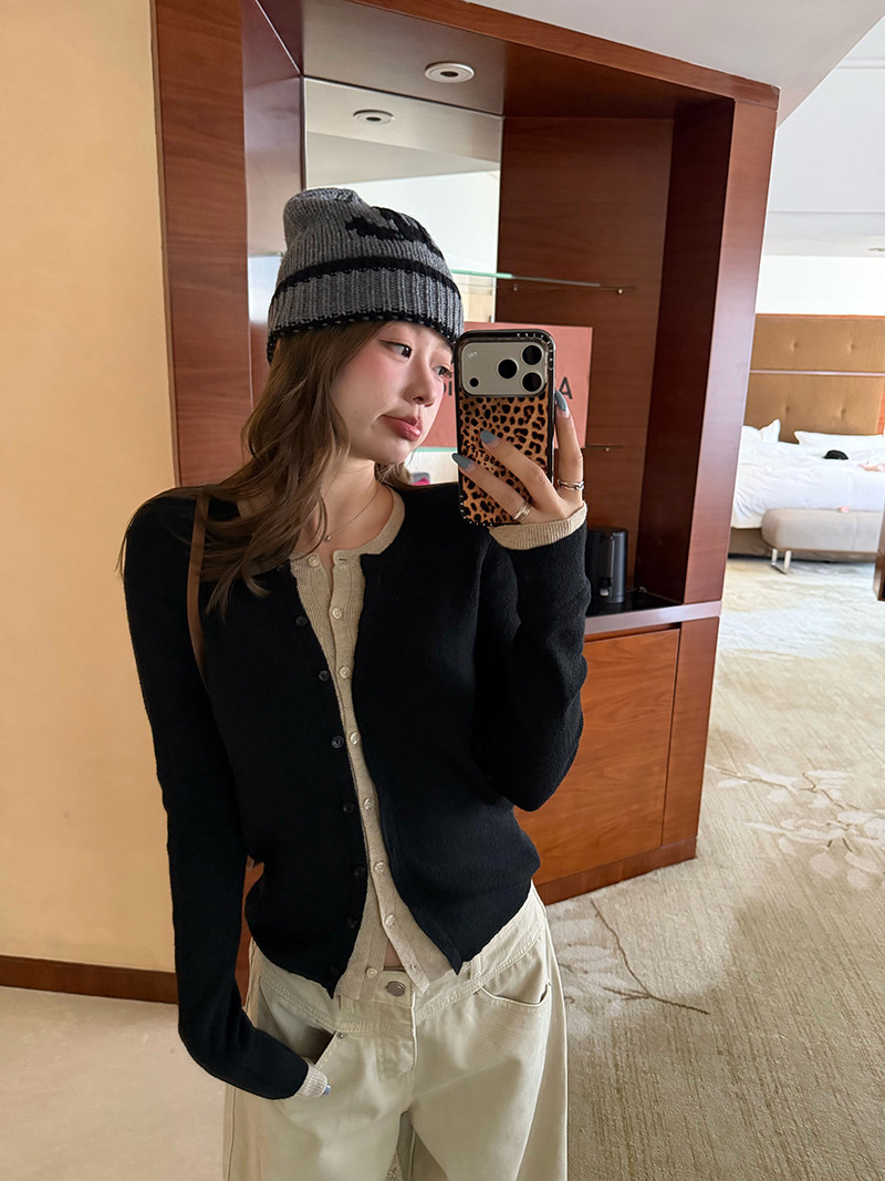 im ~까지 세련된 스택 음악 한 부서 계층의 감각 몸매 가꾸기 맨위 여성 페이크 레이어드 패치워크 색상 양모 니트 오픈 가디건 상세 이미지 46