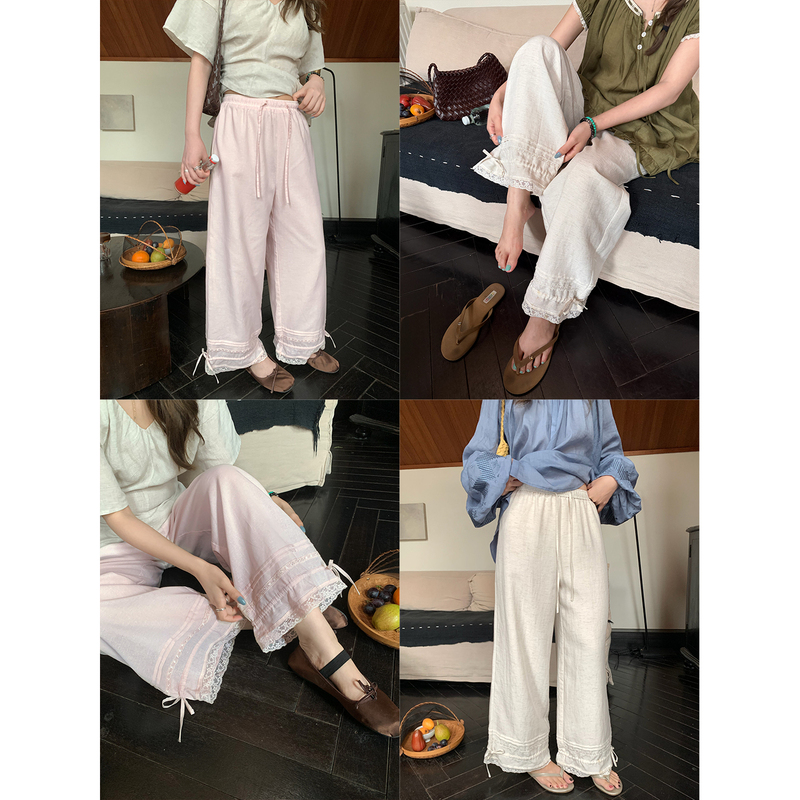 Im Xiangsongjianxia~ Linen Lace-Up Wide-Leg Casual Pants for Women, Korean Style, Lazy Elastic Waist Straight-Leg Pants