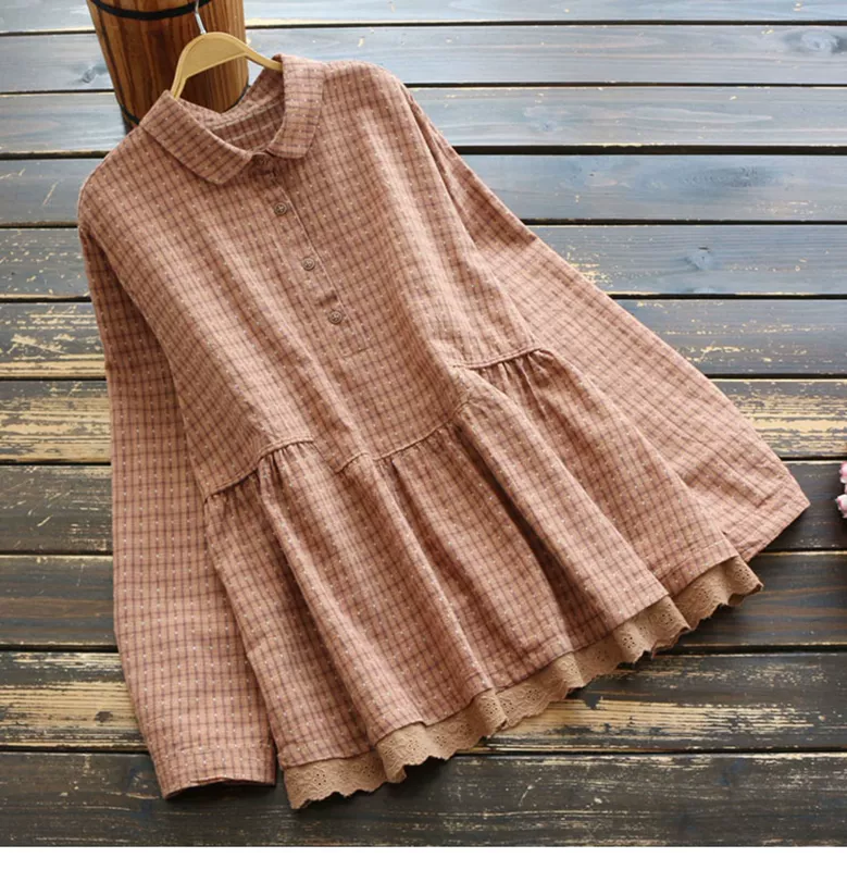 7591 Mùa xuân mới Phụ nữ Văn học và Nghệ thuật Retro Áo sơ mi cotton và vải lanh kẻ sọc Áo dài tay áo dài Áo thun rộng - Áo sơ mi