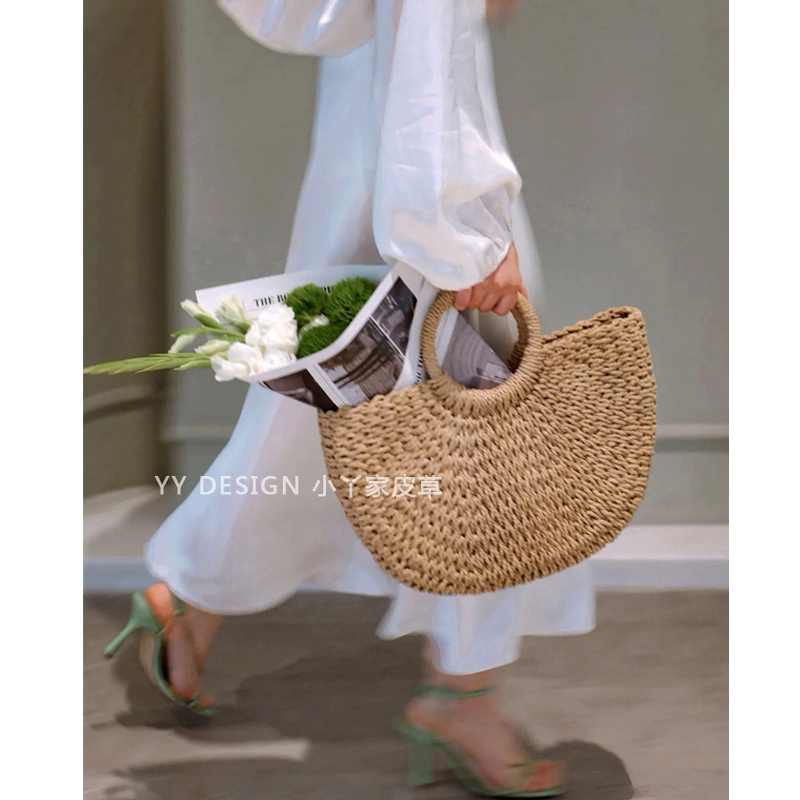Summer New Korean and Japanese Style Straw Woven Bags for Women, Handmade Woven Handbags, Moon Bags, Versatile Lace Crossbody Bags