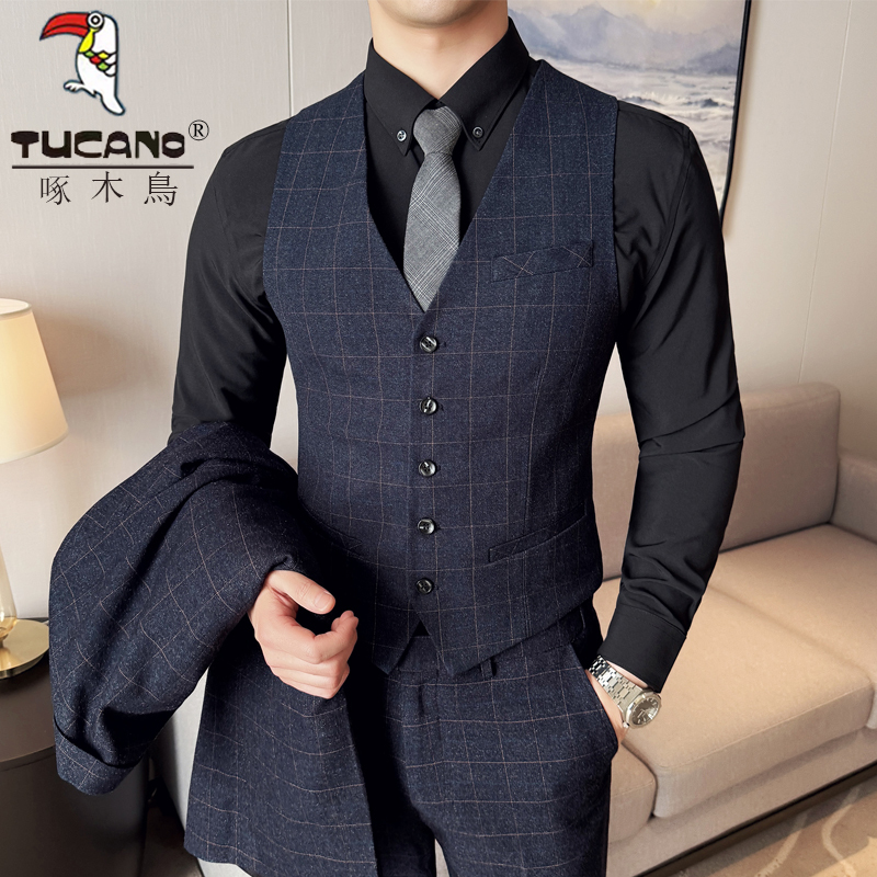 Woodpecker Plaid Suit Vest Set for Men, Wedding Groomsmen Attire, Brother's Outfit, Slim-Fit Business Workwear, Professional Formal Wear