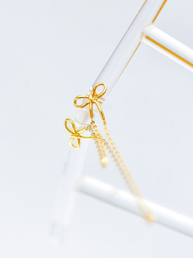 Korean 10K gold stud earrings for women, bow tassels, threaded screw earrings, whole body K gold ear piercing single piece