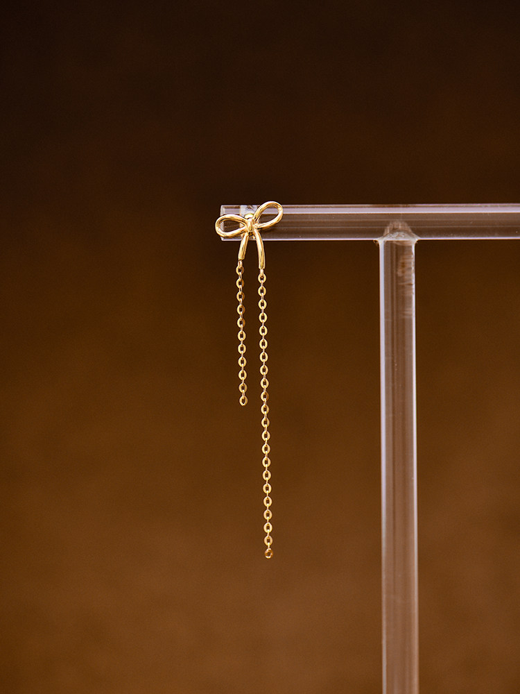 Korean 10K gold stud earrings for women, bow tassels, threaded screw earrings, whole body K gold ear piercing single piece