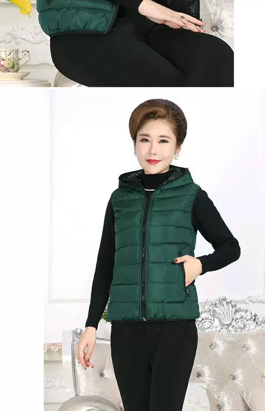 Áo vest nữ trung niên và người cao tuổi ấm áp với áo vest nữ có mũ trùm đầu mùa thu và mùa đông - Áo vest