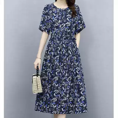 夏女裝復古藏青色碎花有口袋寬鬆抽繩束腰休閒方便過膝蓋洋裝子