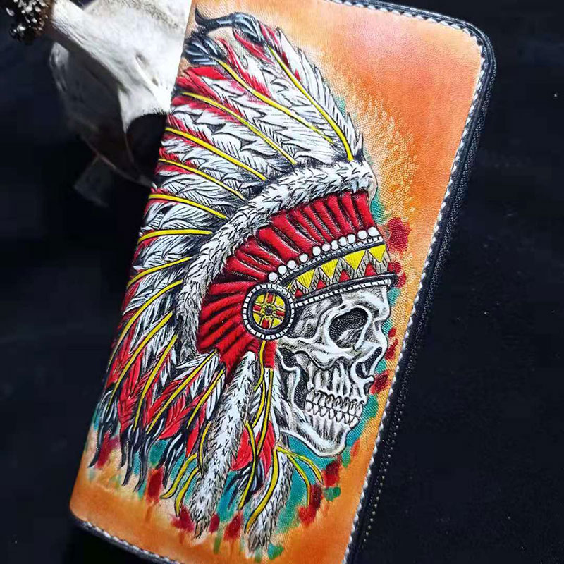 Custom pure handmade leather carved bag wallet genuine leather large banknote clip men's two-fold retro long version of the pull-chain clamping hand hold the vertical