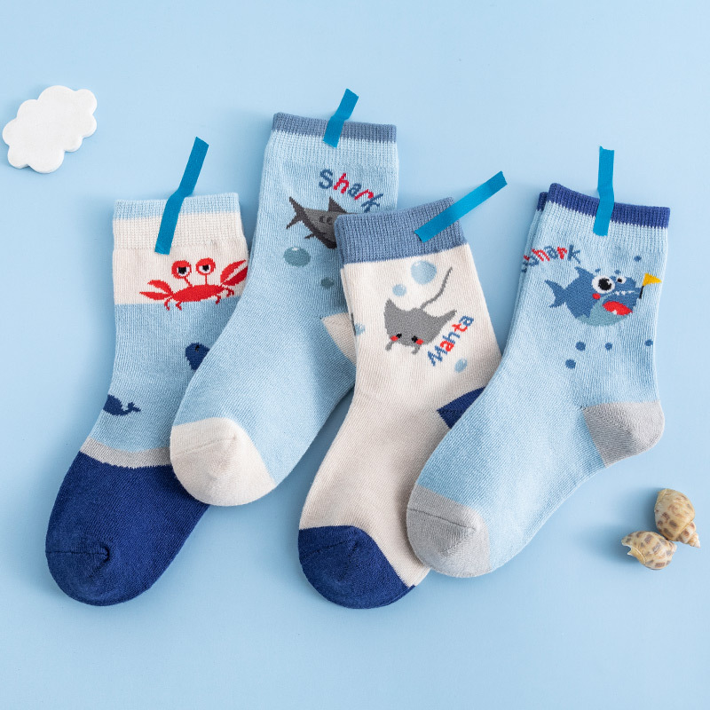 Boys' Trendy Socks, Ocean Style Mid-Calf Socks, Pure Cotton, Korean Style, Spring, Autumn, and Winter, for Older Children, ins Children's Basketball Sports Socks