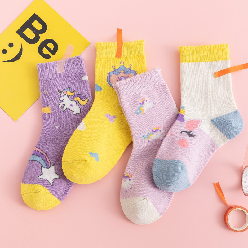 Girls' Socks for Spring and Autumn, Pure Cotton, Korean Style, Cartoon Unicorn, Cute Mid-Calf Socks, Versatile for Girls, ins Trendy Baby Socks
