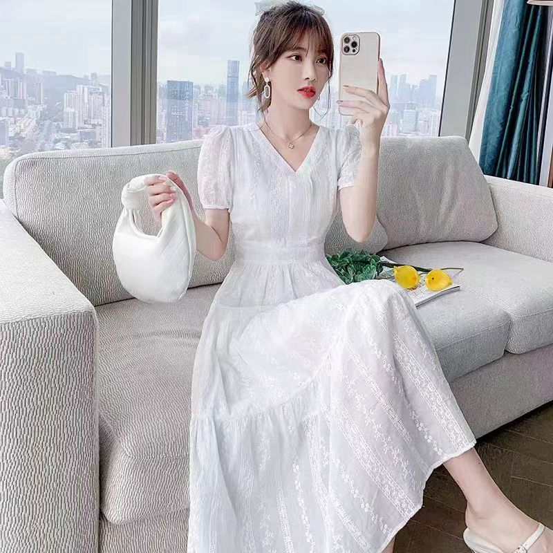 Pure Cotton White Dress for Women 2026 New Summer Slim-Fit Mid-Length Dress with a High-End Feel and Elegant French V-Neck Dress