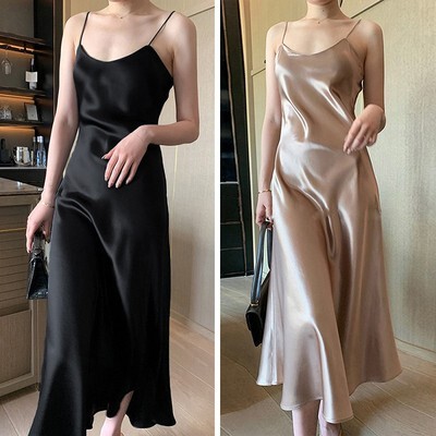 Strappy Dress for Hot Girls, Summer Inner Wear, French Satin V-Neck, Solid Color, Fashionable European and American Style, Loose Plus-Size Dress