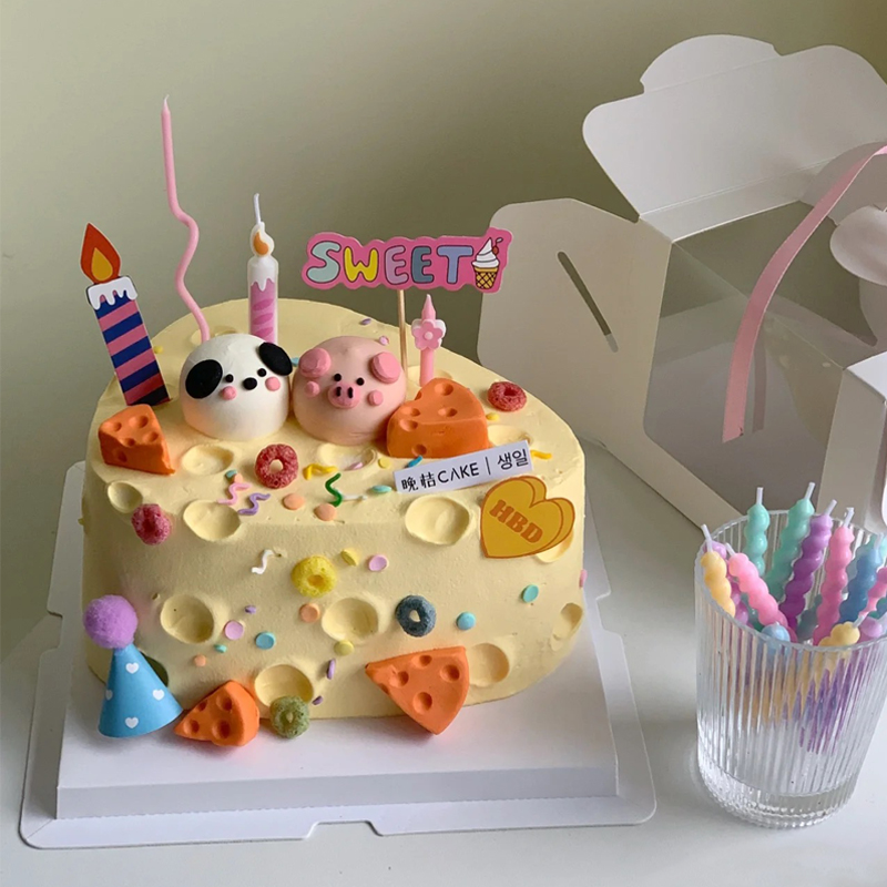 Cartoon Cute Pooch Small Pig Head Cheese Cake Decoration Pendulum HBD plug-in SWEET ice cream candle inserted cards-Taobao