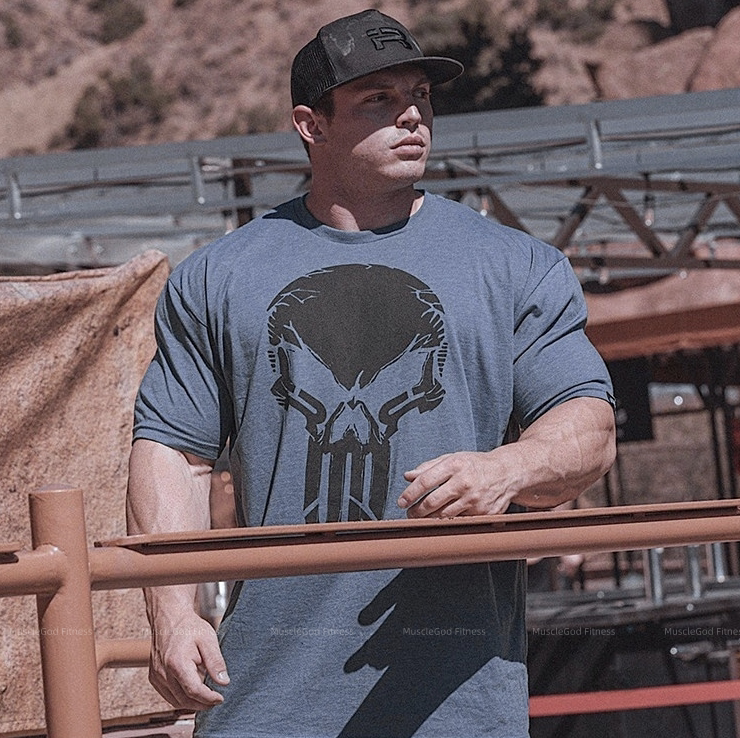 New Punisher Skull Fitness T-Shirt for Men, Loose Fit Muscle Sports Short Sleeve Summer Heavyweight Cotton Training Half Sleeve Top