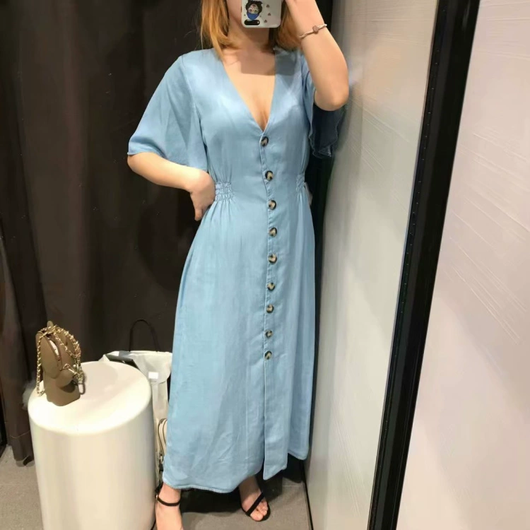 ETJ-19 mùa xuân và mùa hè Trang trí nút mới của phụ nữ giặt quần áo denim mỏng tay áo váy dài váy 6929/341 - Váy dài