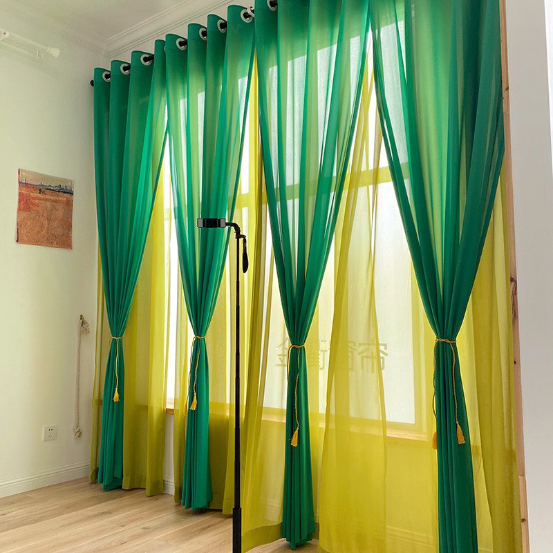 Pastoral Green and Yellow Decorative Ultra-Soft Sheer Curtains for Living Room, Balcony, Study, Solid Color, Homestay, Contrasting Color, Double-Layer Window Sheer