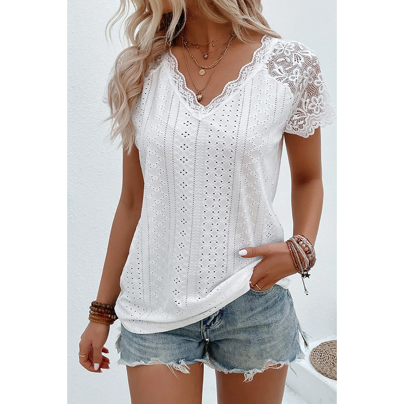 American Shiying Lace Spliced Short-Sleeved T-Shirt for Women, Summer Fashion Thin V-Neck Pullover Hollow Sleeve Top for Women
