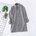 L6 mùa thu 2018 mới cổ áo vuông giản dị in lại áo dài sọc cotton 5413 Áo sơ mi