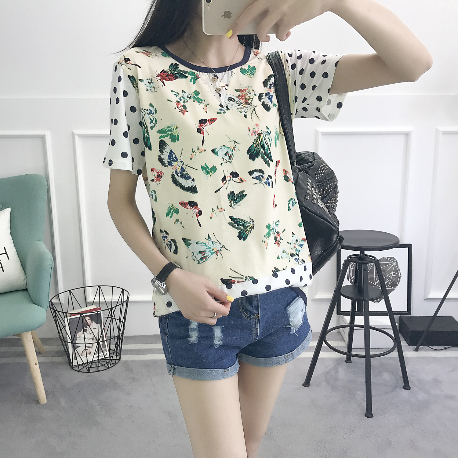 BB-5 Giá Trị Mới Tươi và Ngọt Ngào Cao Đẳng Gió Động Vật Phim Hoạt Hình In Polka Dot Loose Ngắn Tay Áo Bông T-Shirt 152 áo phông nữ hàn quốc