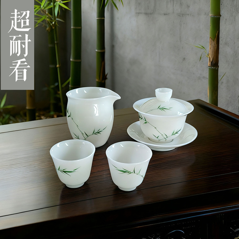 Jade Ice-Type Xishi Teapot, Three-Piece Set, Non-Hot to the Touch, Jade Porcelain Bamboo Leaf Lid Bowl, Tea Cup, Tea Bowl, Tea Set