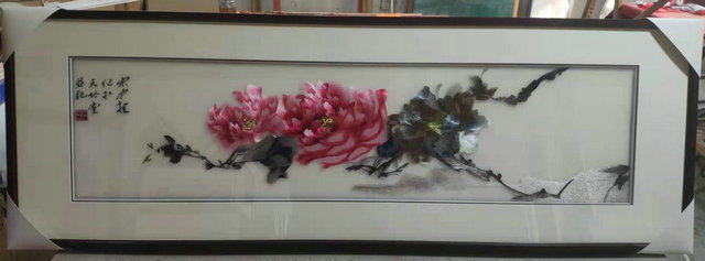 Suzhou embroidery transparent gauze finished bedside painting peony landscape solid wood frame decorative painting three-dimensional hanging painting handmade