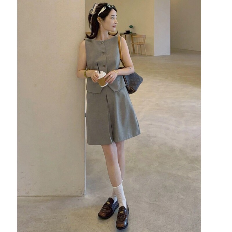 Gray Sleeveless Vest Suit with Short Skirt Set for Women 2026 Summer New Korean Style Commuter Two-Piece Set