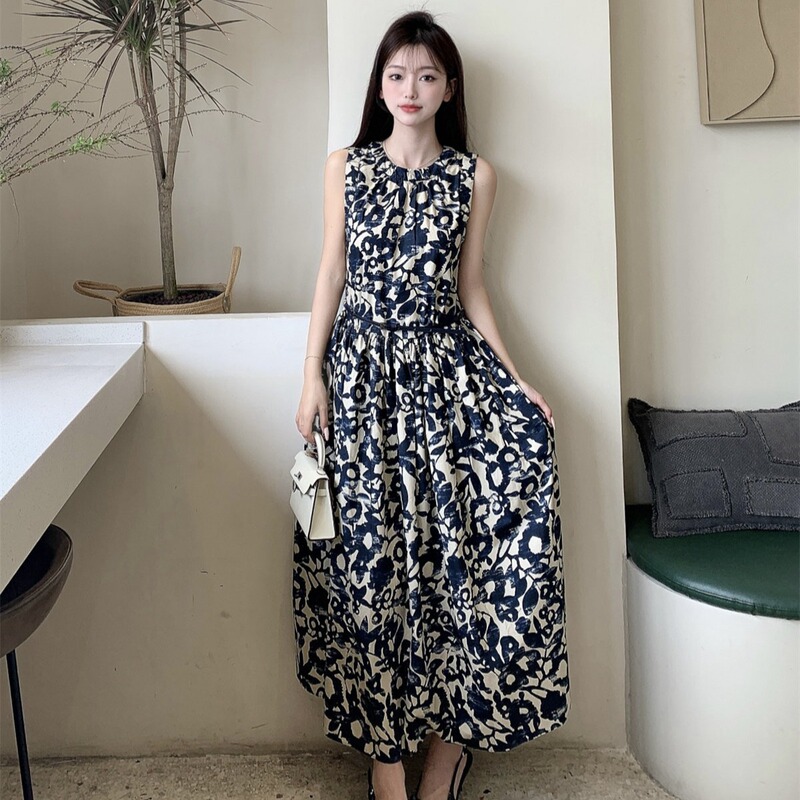 Celebrity-Style Dress in Navy Blue, Sleeveless, Printed, with Belt, Ol High-End Poplin Cotton Tank Dress, Summer Mid-Length Dress 26