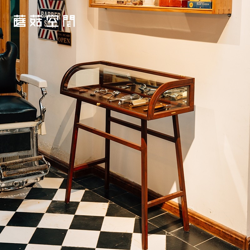 Mushroom Space) White Wax Wood Solid Wood Mortise And Retro Arched Glass Cabinet Ornament Exhibition Cabinet Glass Cabinet