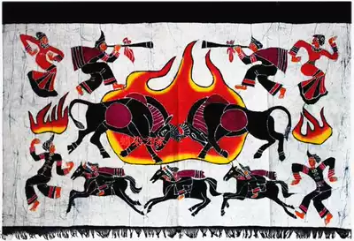 Batik painting Miao handmade batik decorative wall hanging characteristic ethnic painting bullfighting 130 * 90CM