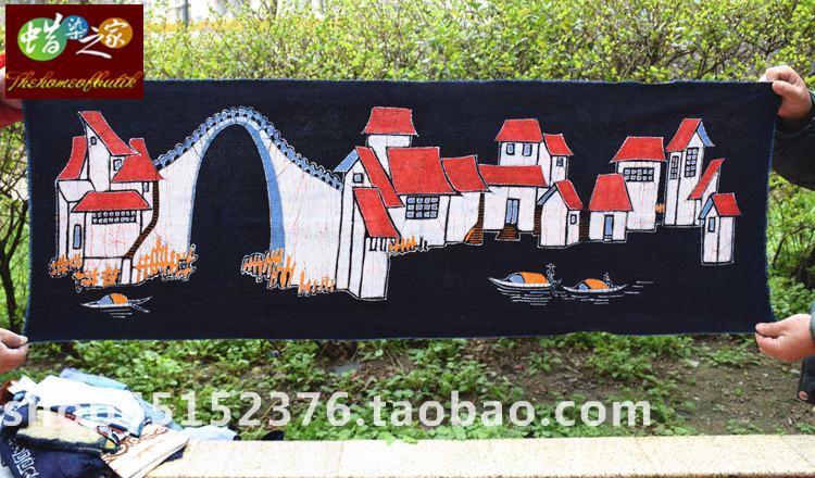 Batik painting Guizhou Miao handmade batik national characteristics batik decorative wall hanging Red tile water town 130 *43