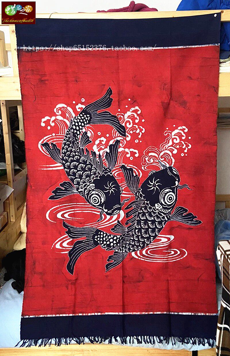 Wax Dyeing Door Curtain Guizhou Miao Wax Dyeing and Wax Dyeing and Decorative Wall-mounted cloth Curtain Red To Fish 140 * 90CM