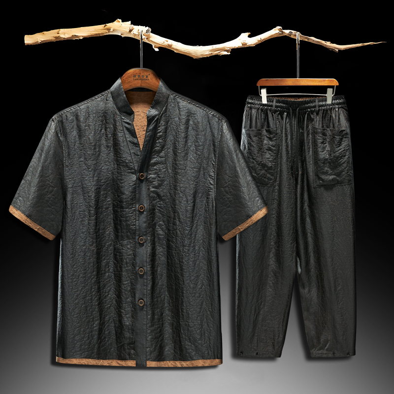 Heavyweight Turtle-Patterned Xiangyun Silk Shirt, Reversible Men's Short-Sleeve Set, Chinese-Style Silk Shirt, Mulberry Silk, Traditional Chinese Men's Clothing