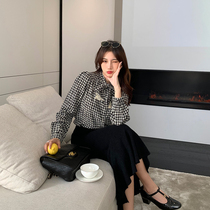 NORA (Limited Time Discount) Vintage Houndstooth Shirt Women's 2022 Spring Casual Lace Loose Bow Top