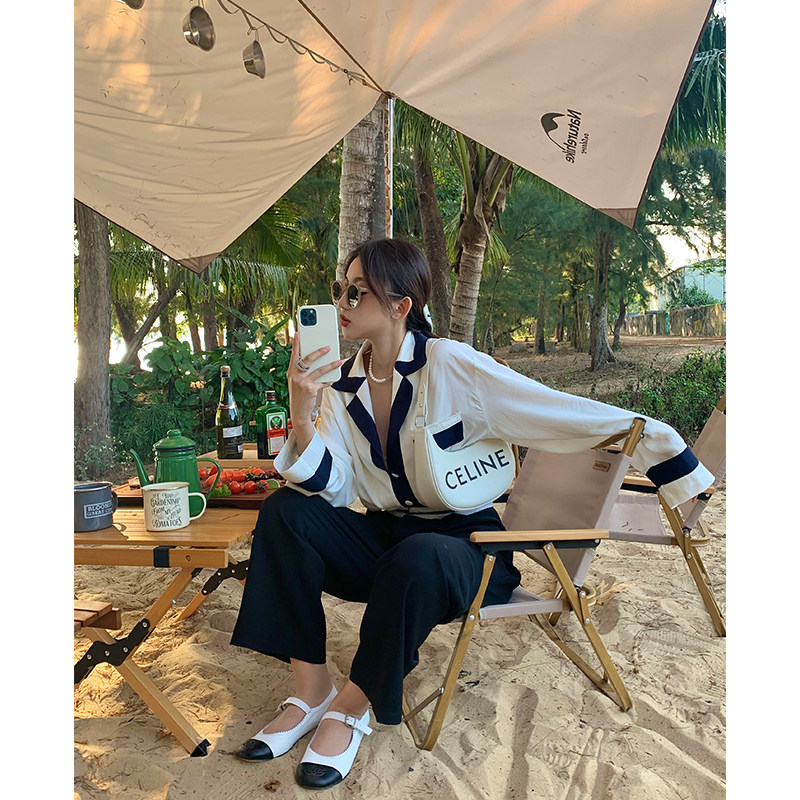 NORA Black and White Contrast Shirt Women's 2022 Spring French Retro Leisure Design Advanced Long Sleeve Shirt