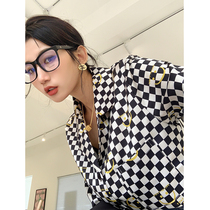 NORA black and white checkerboard shirt womens early autumn new design sense niche loose and versatile chic long sleeve top