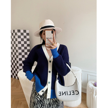 NORA blue V-neck knit cardigan womens spring and autumn 2021 New loose casual slim thin coat coat