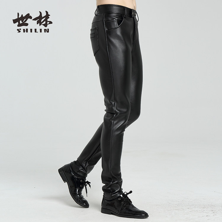 Autumn Winter New Riding Machine Car Leather Pants Men's Body Trousers Han Version Locomotive Men's Glint Thickened Trousers Large Size
