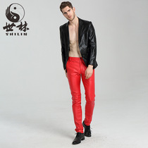 Red patch bag tight leather pants men slim foot pants motorcycle leather pants men plus velvet PU trousers autumn leather pants